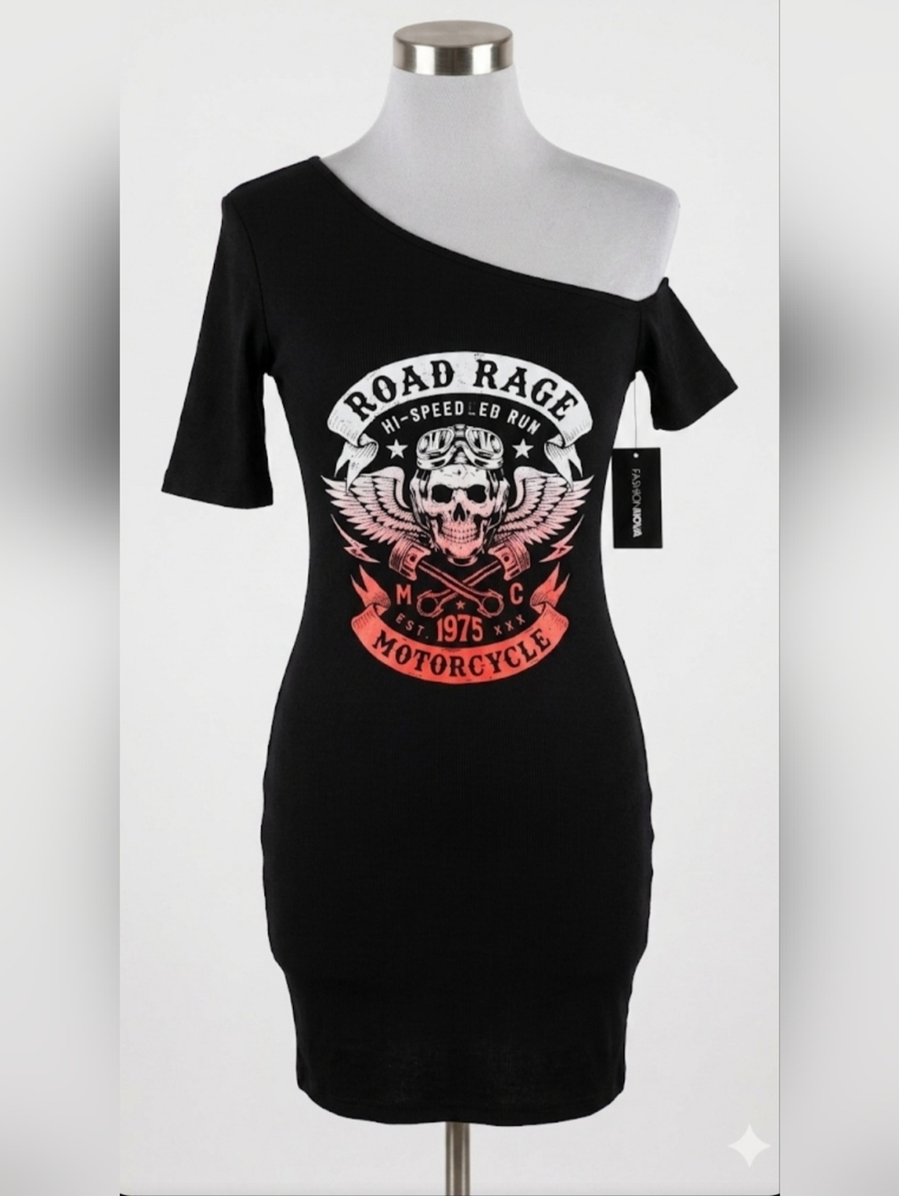 Fashion Nova Black Off-Shoulder Motorcycle Graphic Dress with Red Accent